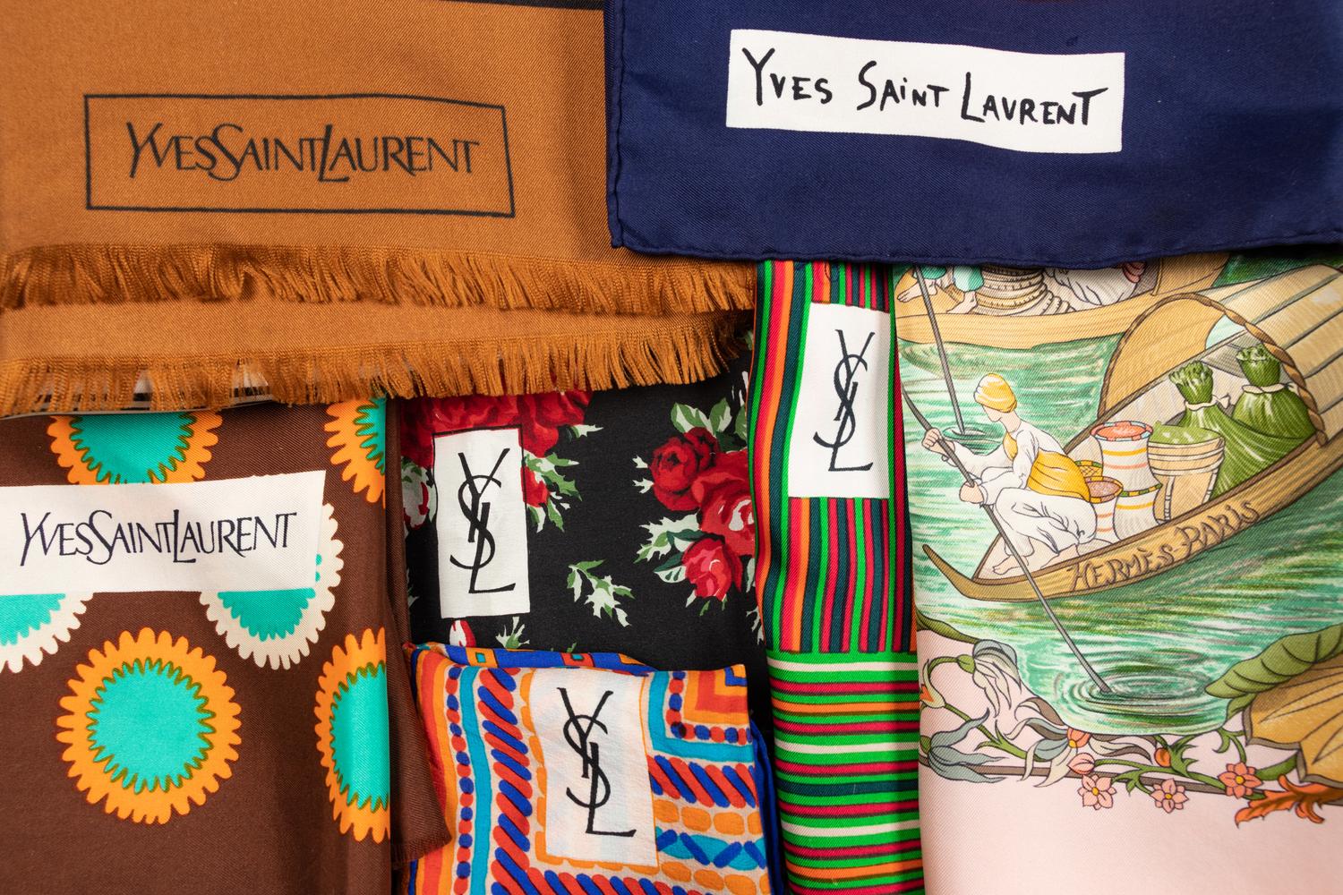 Seven Designer Silk Scarves by YSL and Hermès