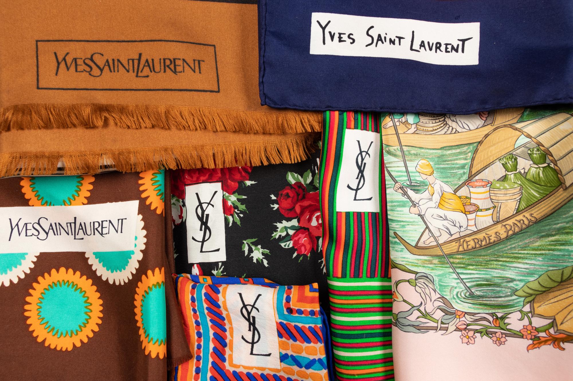 Seven Designer Silk Scarves by YSL and Hermès