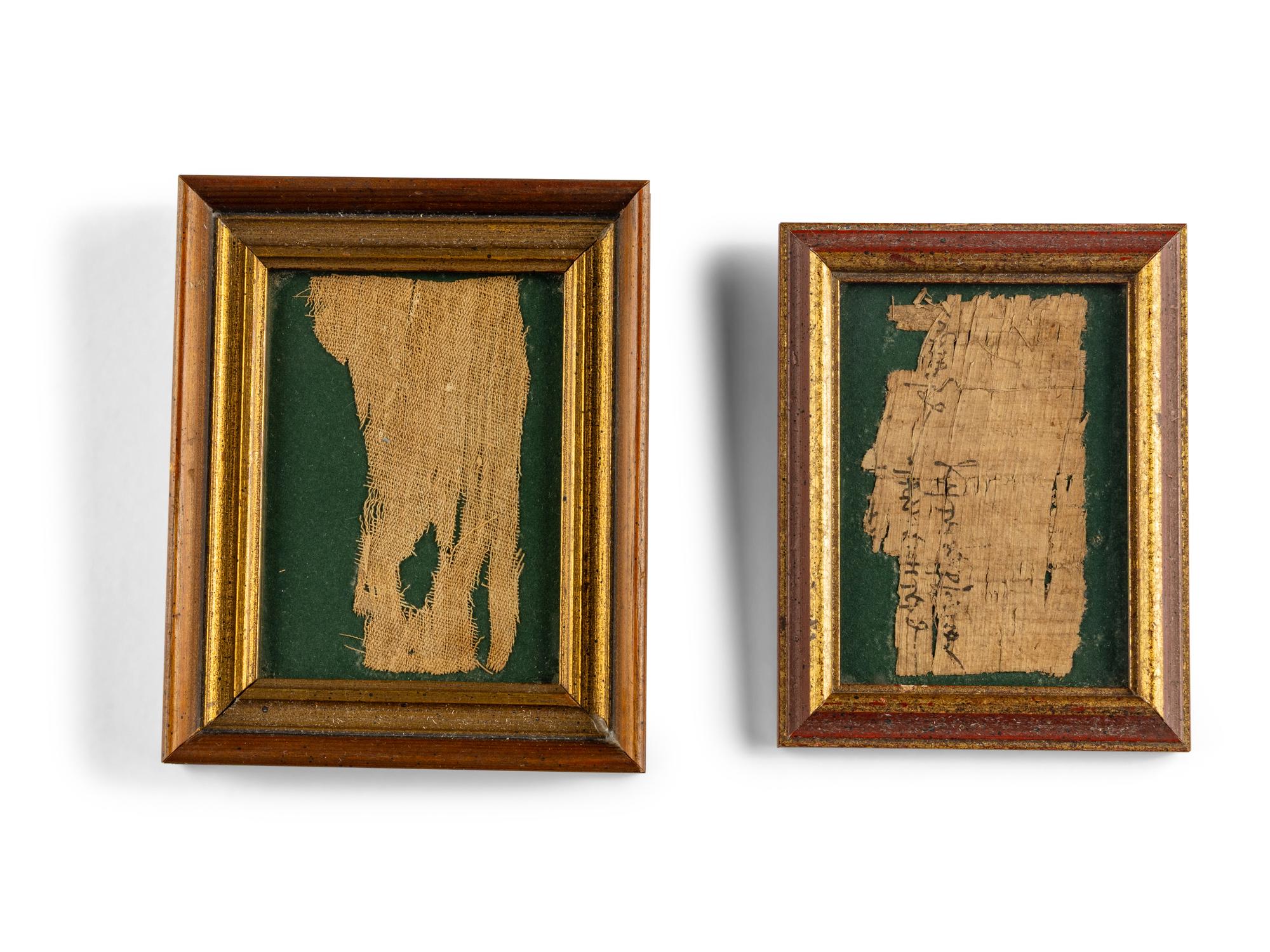 Two Egyptian Papyrus and Textile Fragments