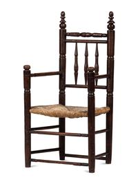 A Pilgrim Century Turned Maple and Oak Spindle-Back Rush-Seat Armchair