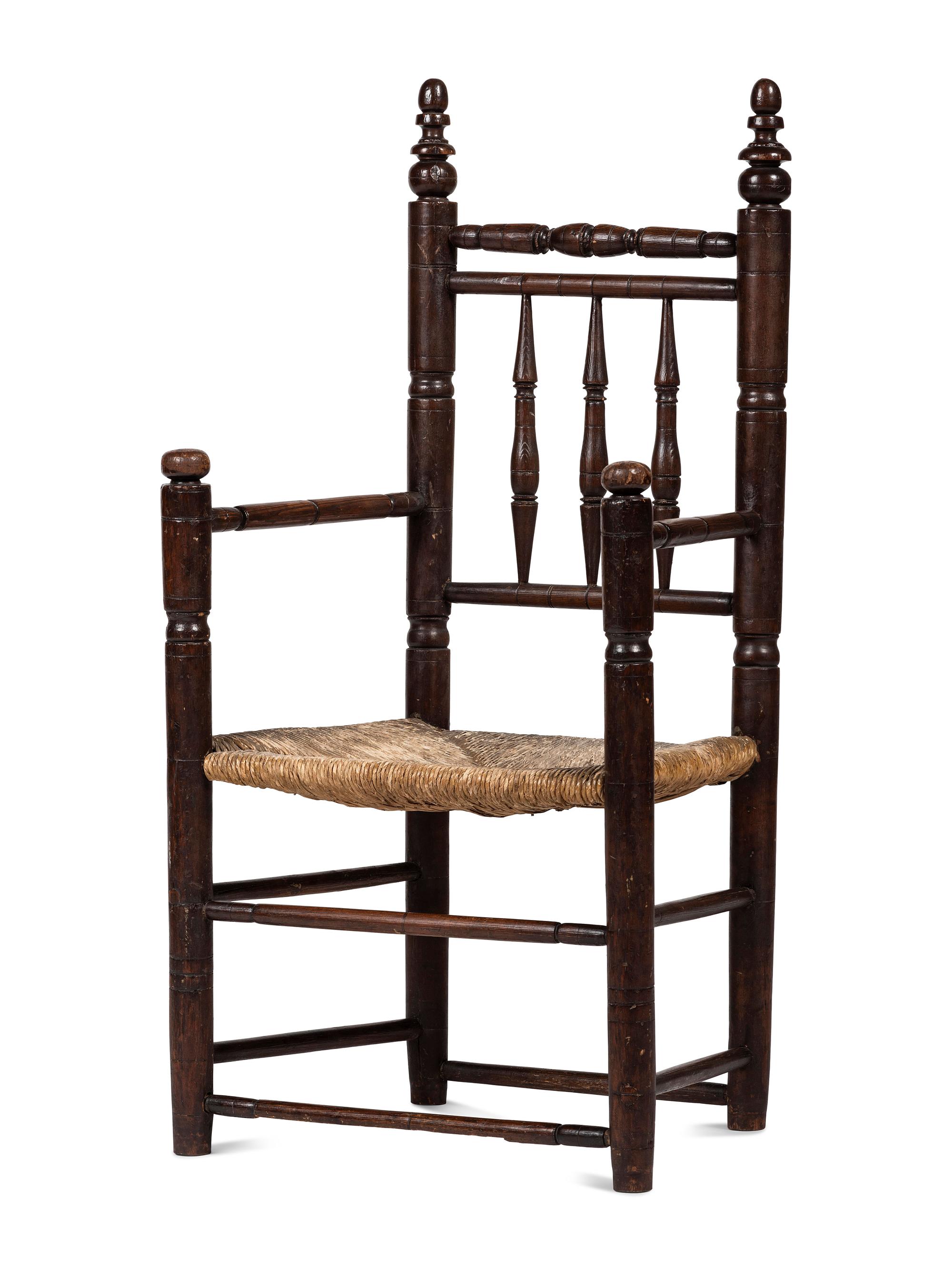 A Pilgrim Century Turned Maple and Oak Spindle-Back Rush-Seat Armchair