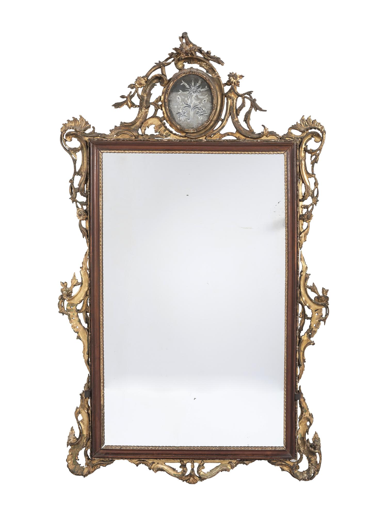 A Chinese Chippendale Giltwood and Etched Mirror