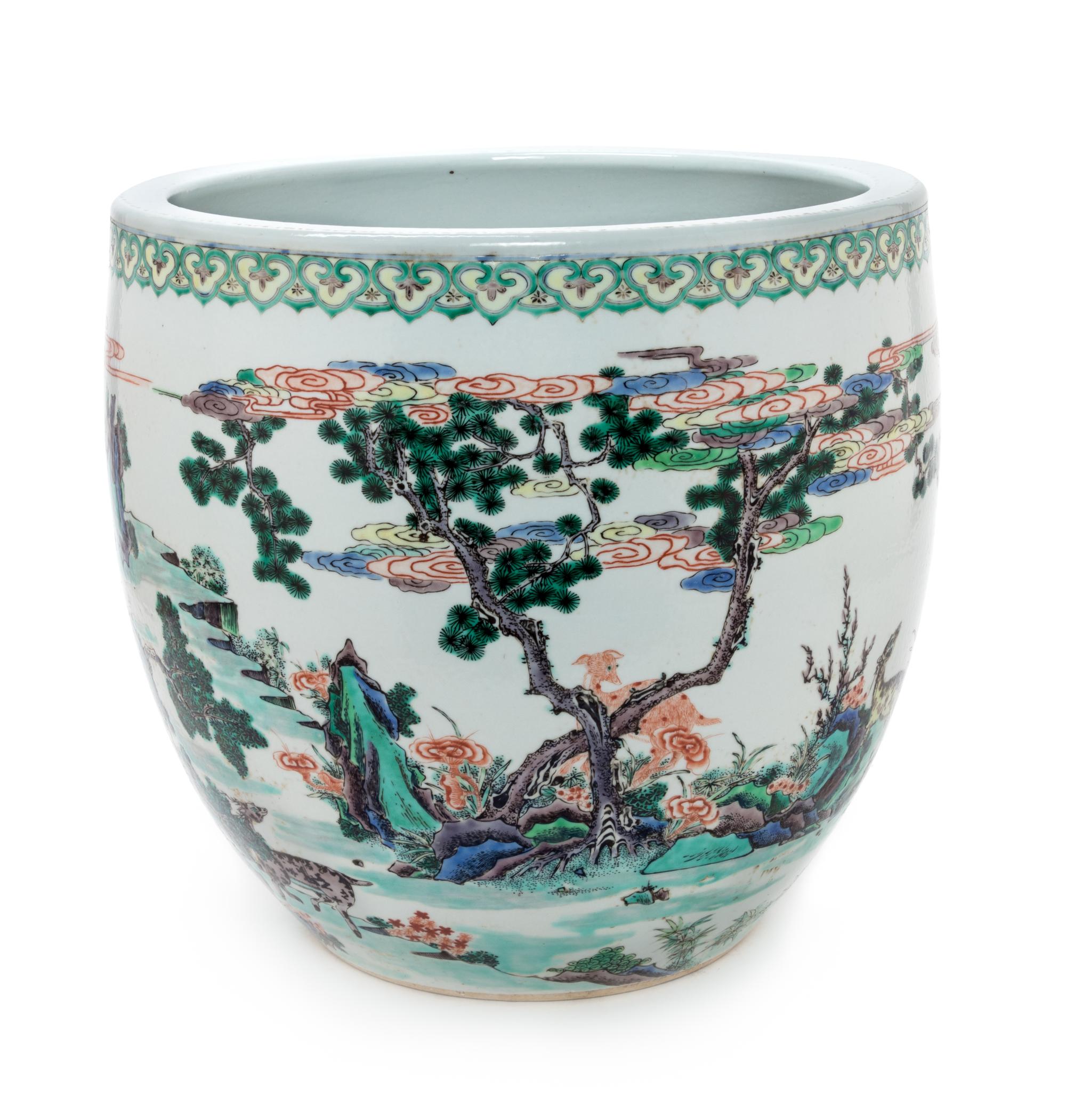 A Chinese Wucai Hunted Deer Porcelain Jar Height 14 1/2 inches.