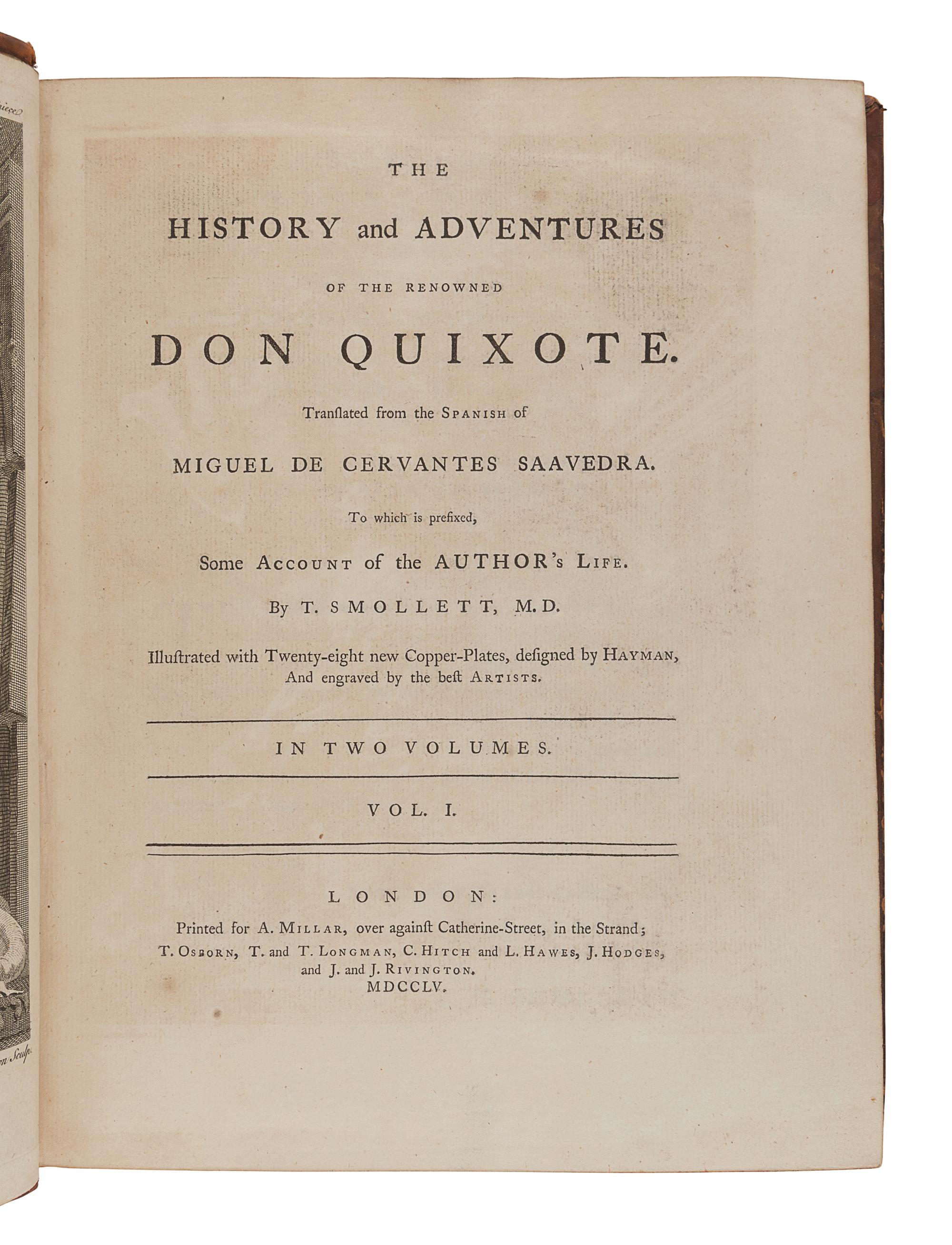 CERVANTES SAAVEDRA, Miguel de (1547-1616). [Don Quixote]. The History and Adventures of the Renowned Don Quixote. Tobias Smollett, translator. London: for A. Millar and others, 1755.