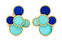 A Pair of 18 Karat Yellow Gold, Turquoise, Lapis Lazuli and Diamond Earclips, 16.20 dwts.
