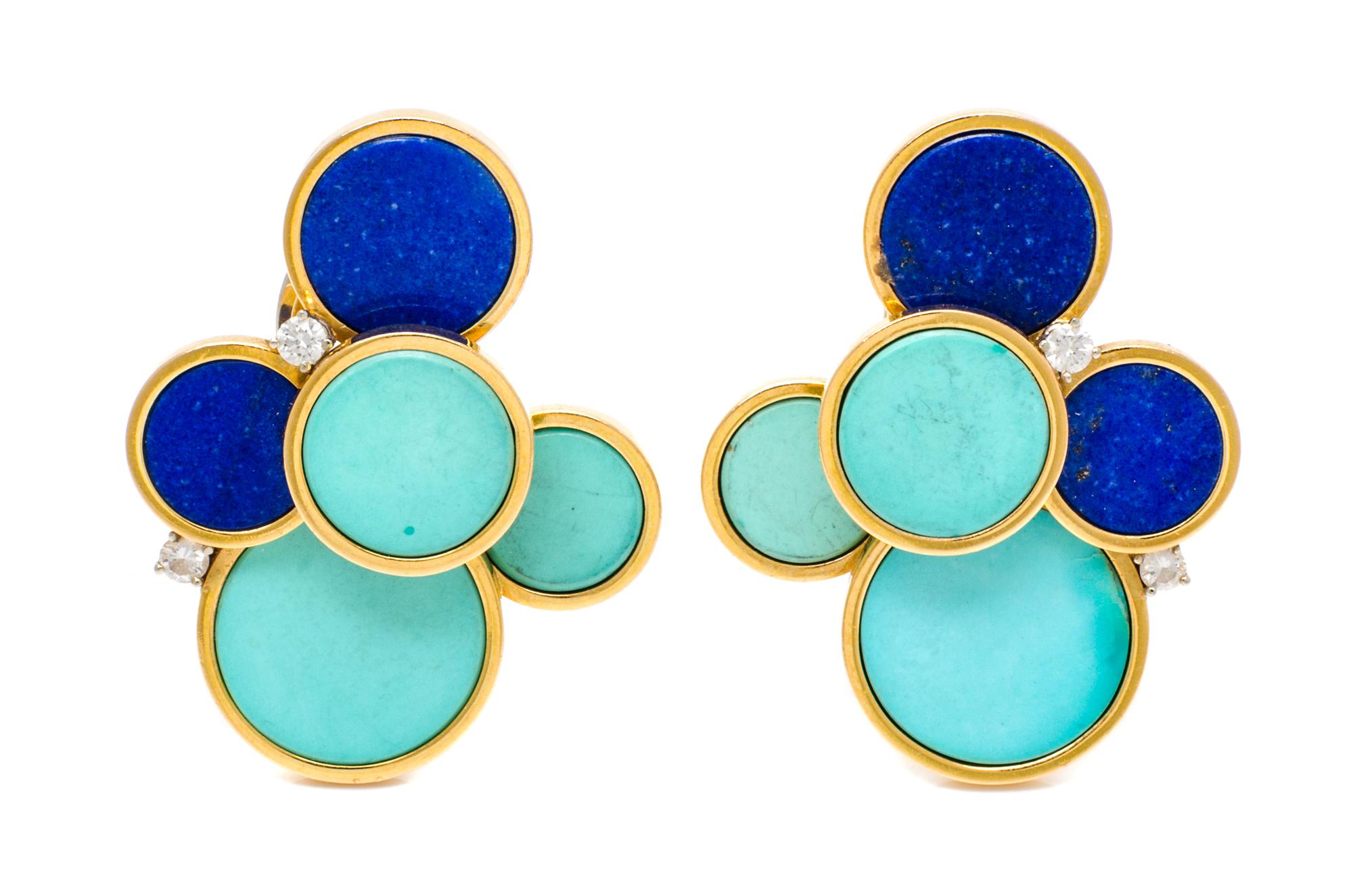 A Pair of 18 Karat Yellow Gold, Turquoise, Lapis Lazuli and Diamond Earclips, 16.20 dwts.