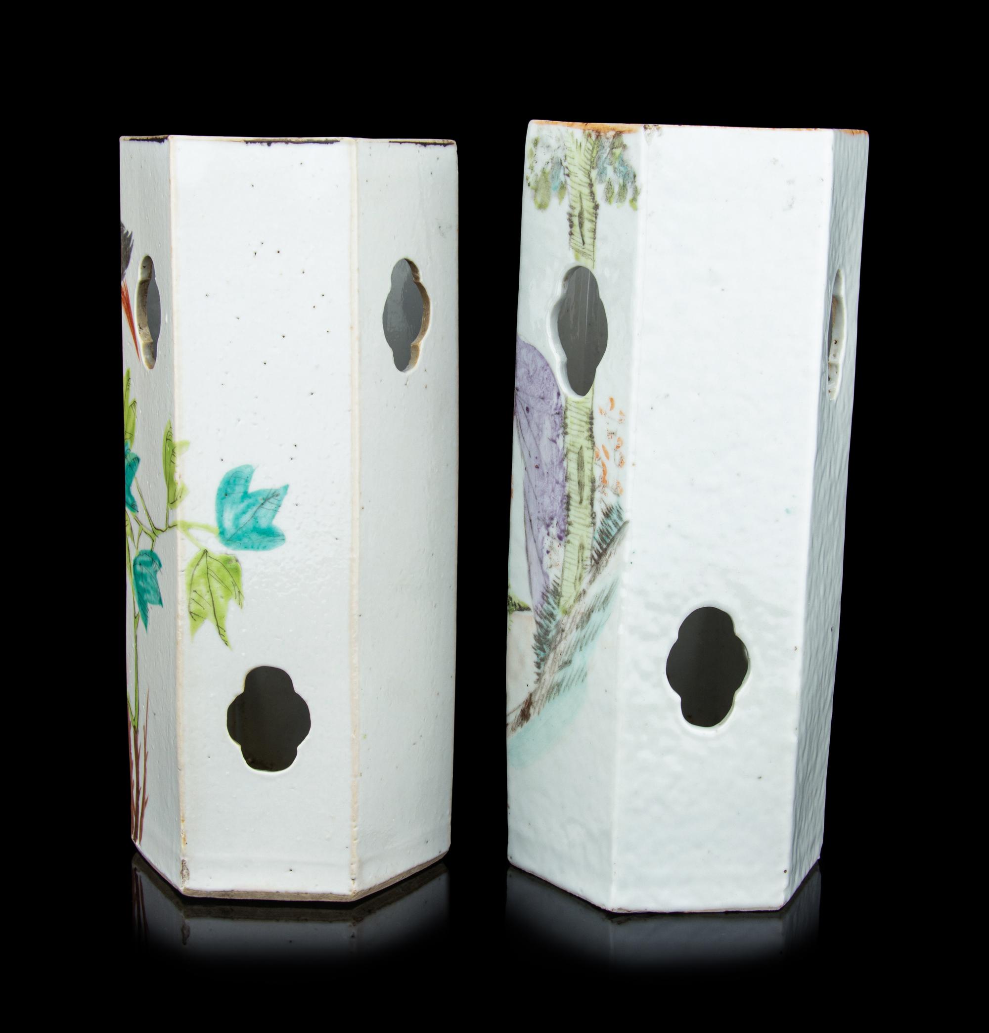 Two Chinese Qianjiang Porcelain Hexagonal Hat Holders