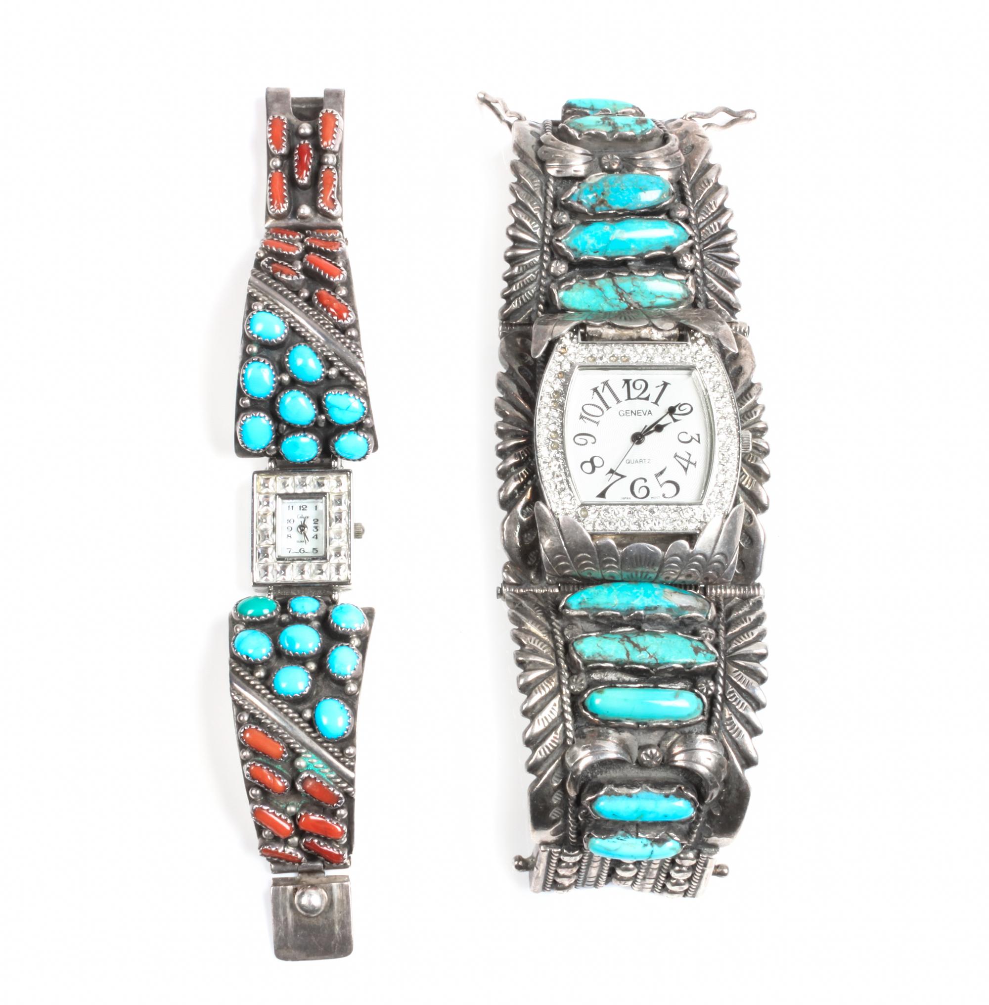 Two Southwestern Silver and Turquoise Watch Bands Length of larger 5 1/4 x width 1 3/4 inches