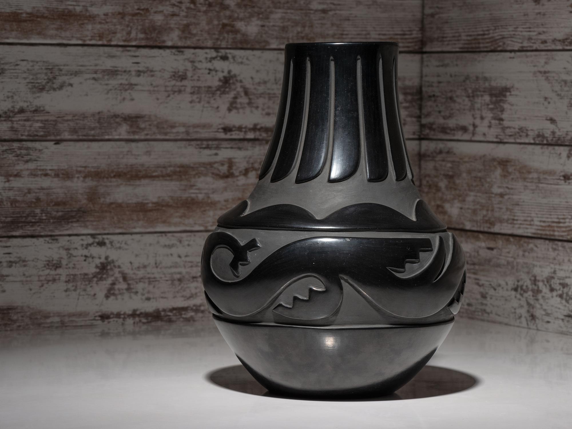 Carve Blackware Pottery Jar, with Avanyu