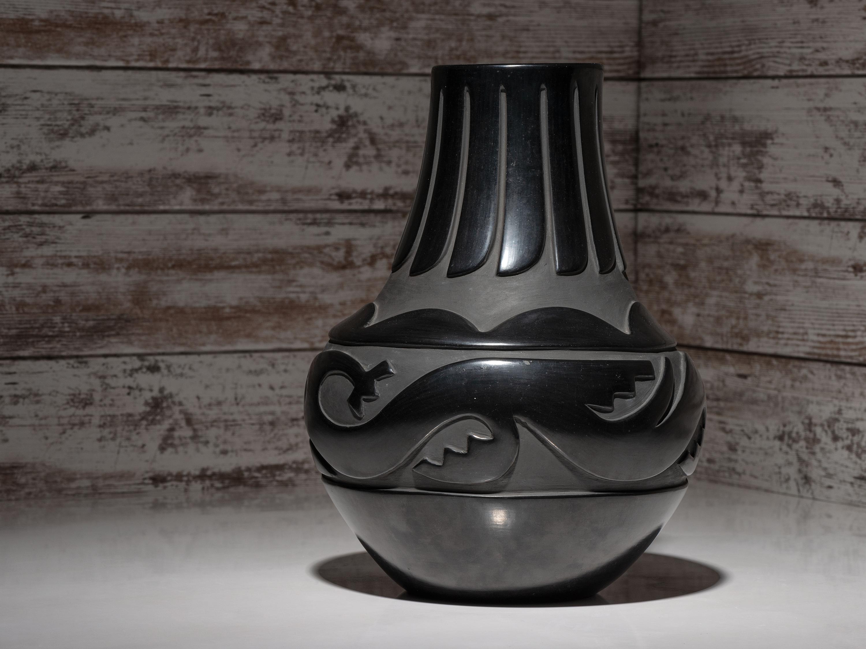 Carve Blackware Pottery Jar, with Avanyu