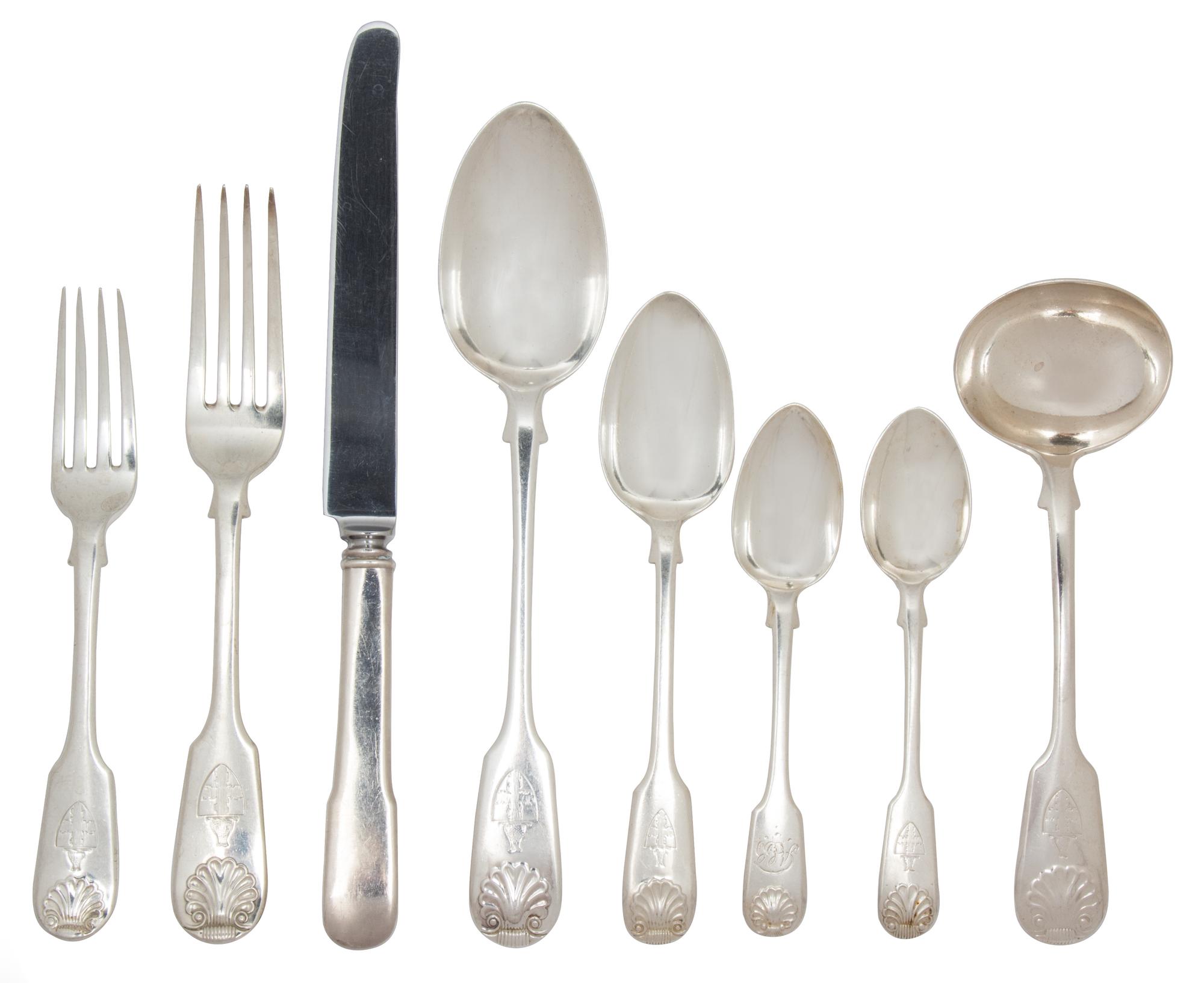 An Assembled English Silver Flatware Service, John Whiting, London, 1850-55, of fiddle back design with shell terminal and engraved arm