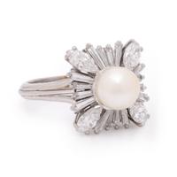 Cultured Pearl, Diamond, and Platinum Ring