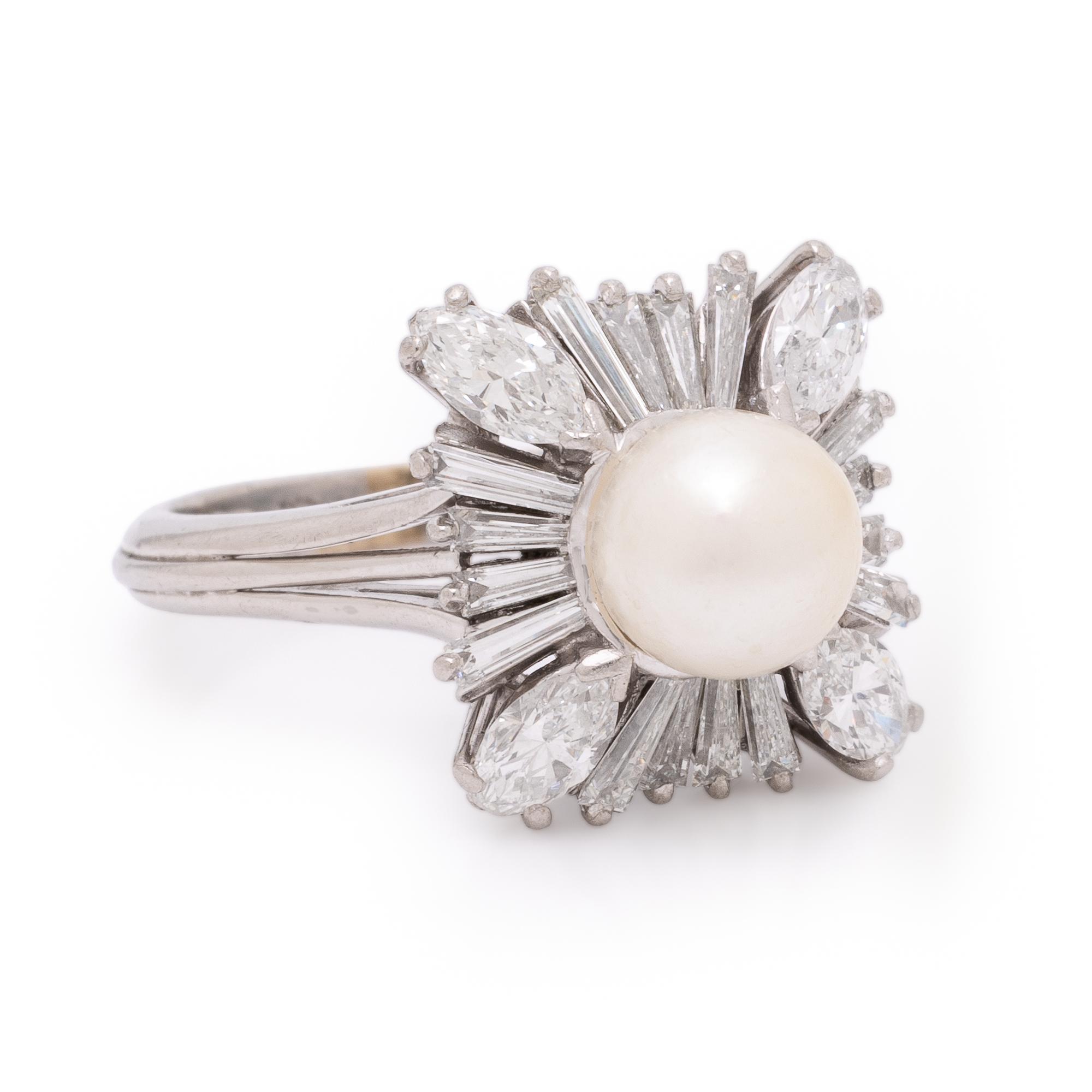 Cultured Pearl, Diamond, and Platinum Ring
