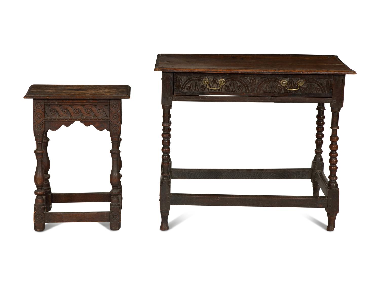 A Jacobean Style Carved Oak Writing Table and a Similar Stool with Flip Top