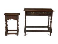 A Jacobean Style Carved Oak Writing Table and a Similar Stool with Flip Top