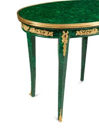 A Pair of Louis XV Style Gilt Bronze Mounted Malachite Tables