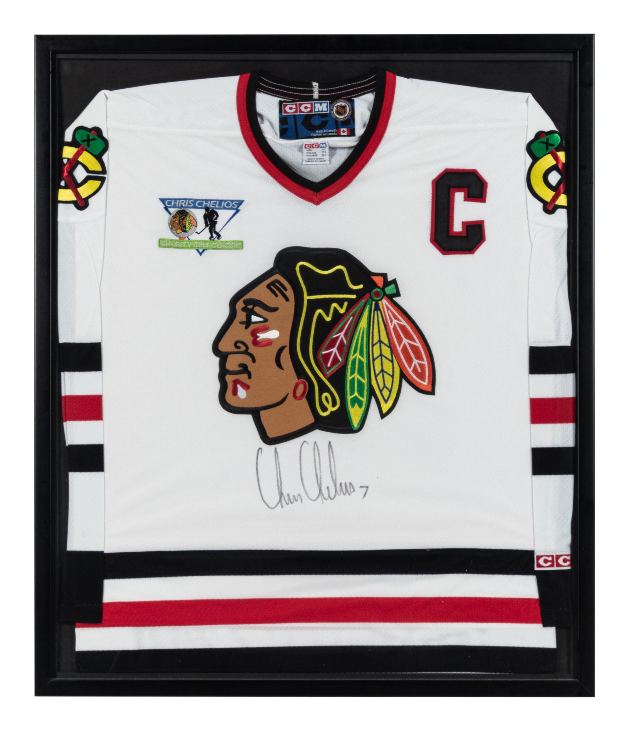 A Chris Chelios Personally Gifted Signed Autograph Chicago Blackhawks Jersey and Hockey Puck,