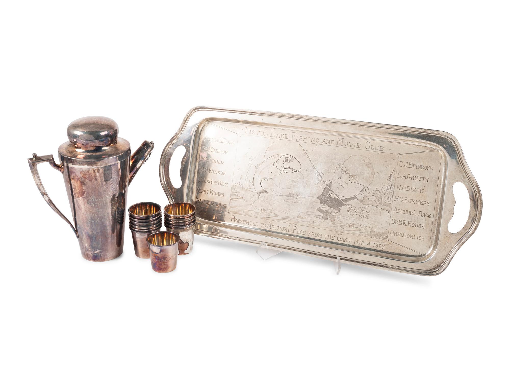 A Frank M. Whiting and Co. Silver 'Pistol Lake Fishing and Movie Club' Presentation Cocktail Service