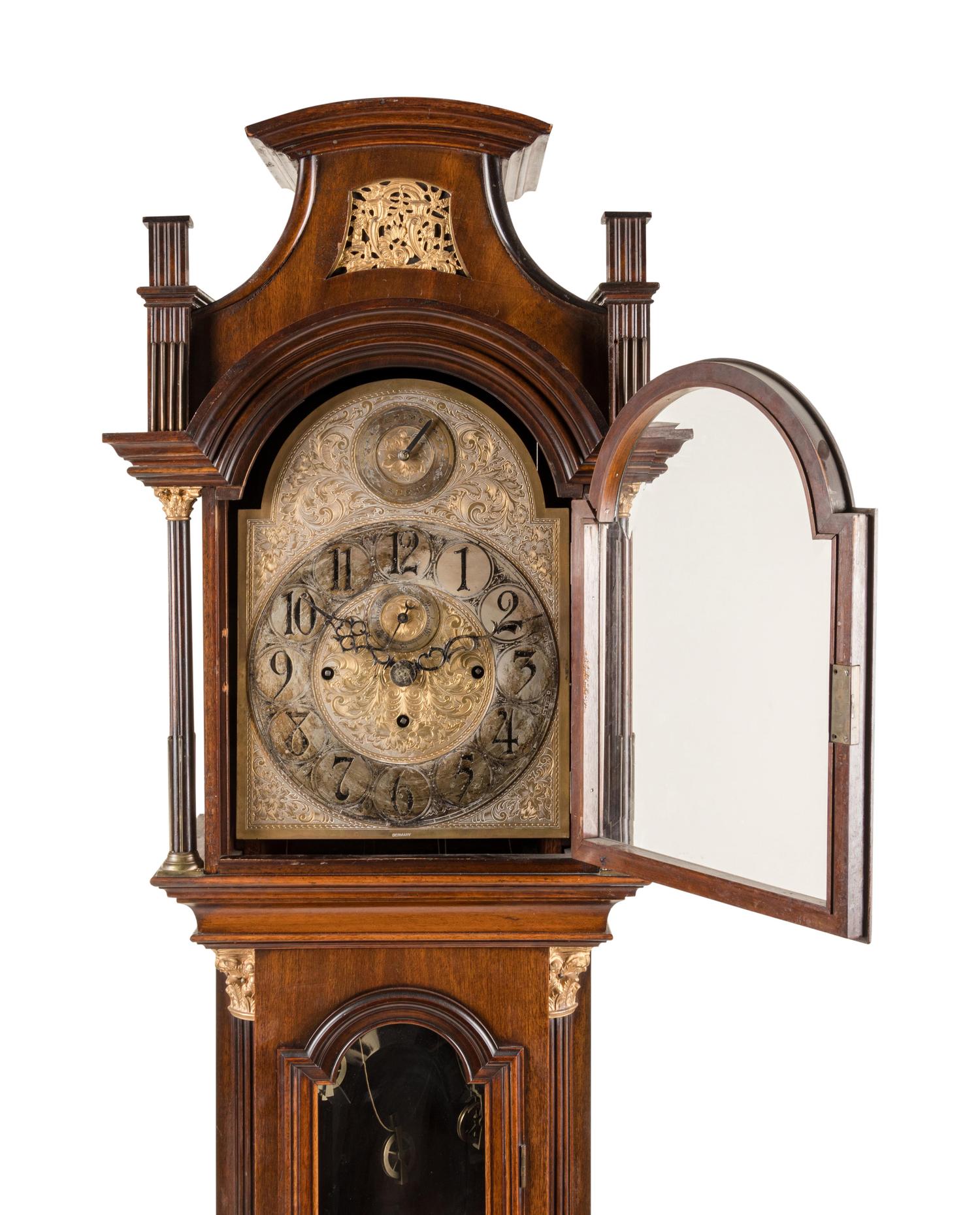 A Chippendale Style Gilt Bronze Mounted Mahogany Tall Case Clock