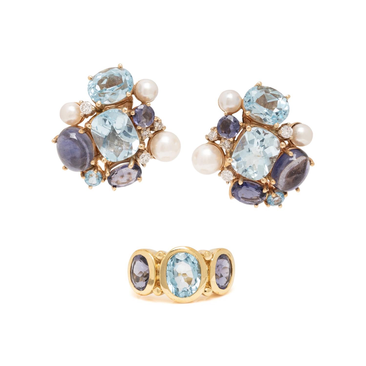 MAZ, MULTIGEM AND CULTURED PEARL RING AND CLIP EARRINGS