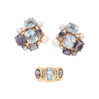 MAZ, MULTIGEM AND CULTURED PEARL RING AND CLIP EARRINGS