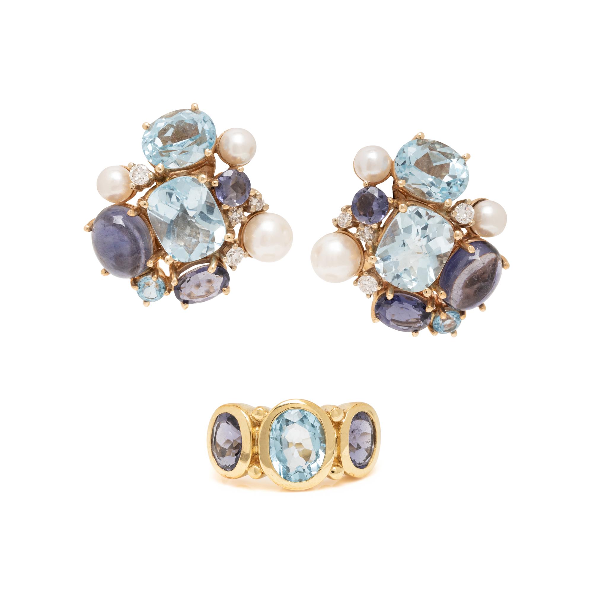 MAZ, MULTIGEM AND CULTURED PEARL RING AND CLIP EARRINGS