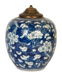 A Japanese Blue and White Porcelain Cracked Ice Jar