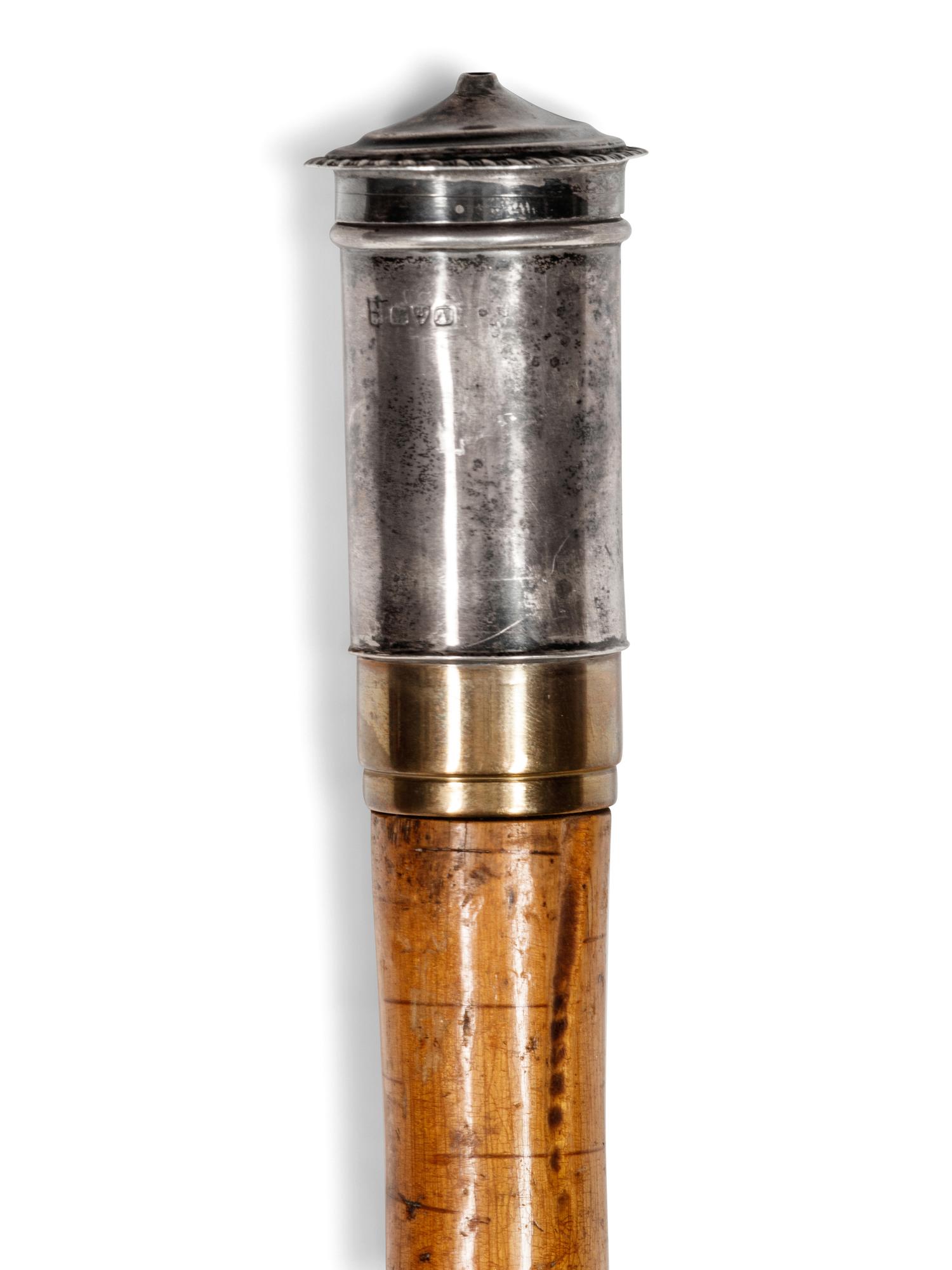 An Edwardian Silver Mounted and Pyrographic Decorated Officer's Campaign Mess-Kit 'System' Walking Stick