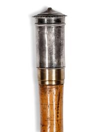 An Edwardian Silver Mounted and Pyrographic Decorated Officer's Campaign Mess-Kit 'System' Walking Stick