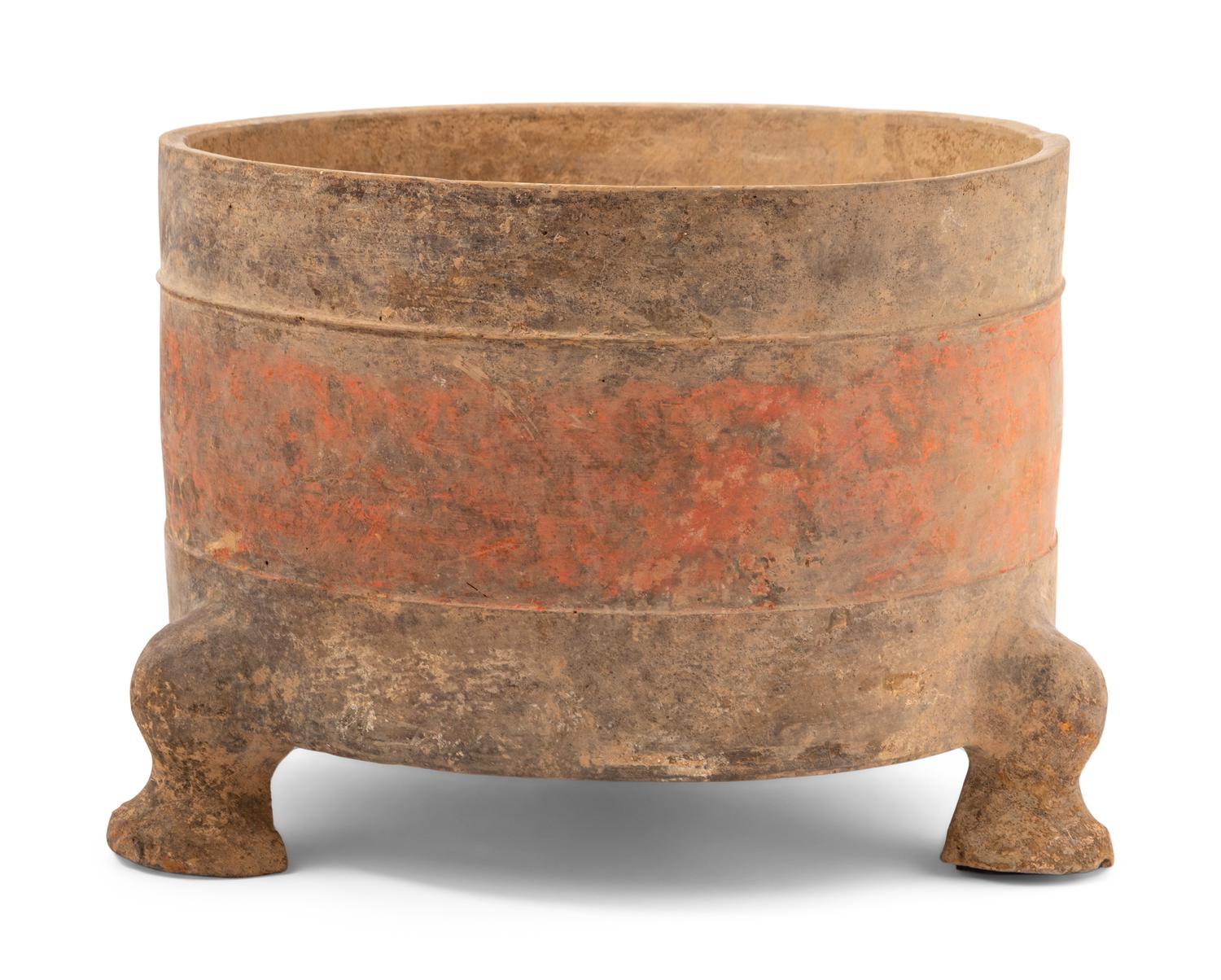 A Chinese Red Painted Grey Pottery Tripod Censer, Lu