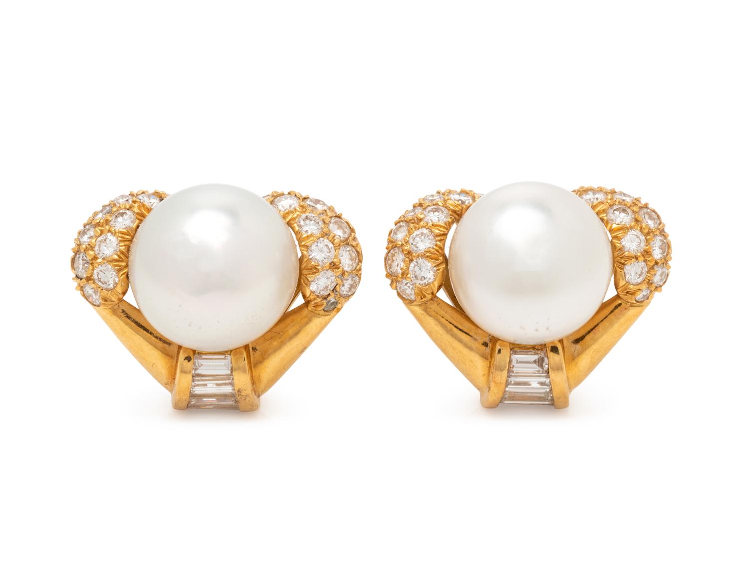 CULTURED PEARL AND DIAMOND EARCLIPS