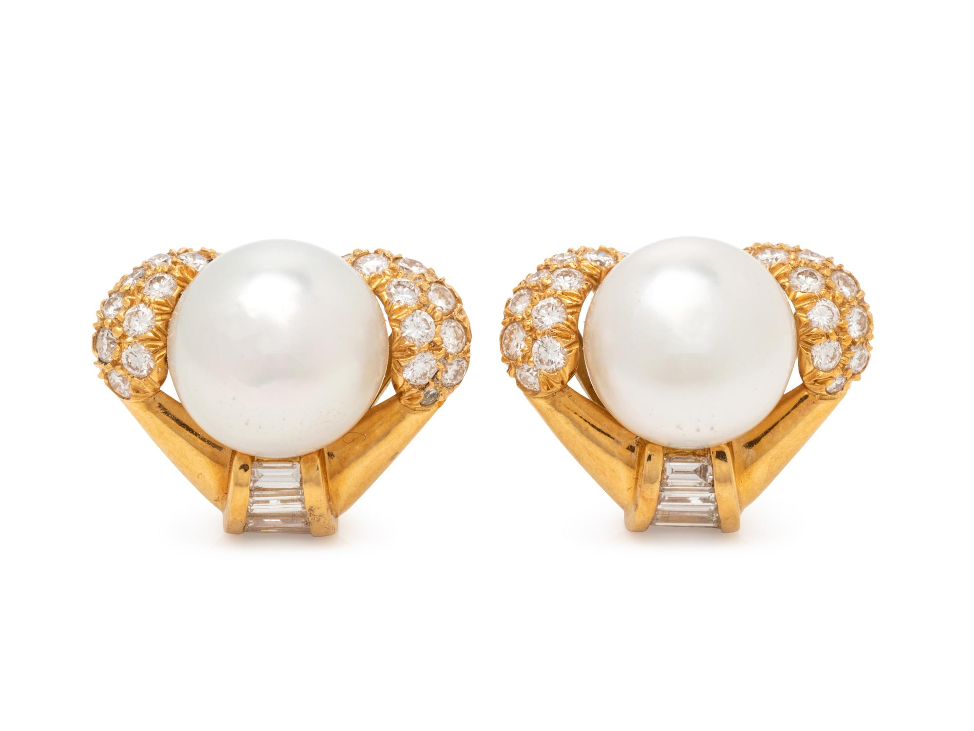 CULTURED PEARL AND DIAMOND EARCLIPS