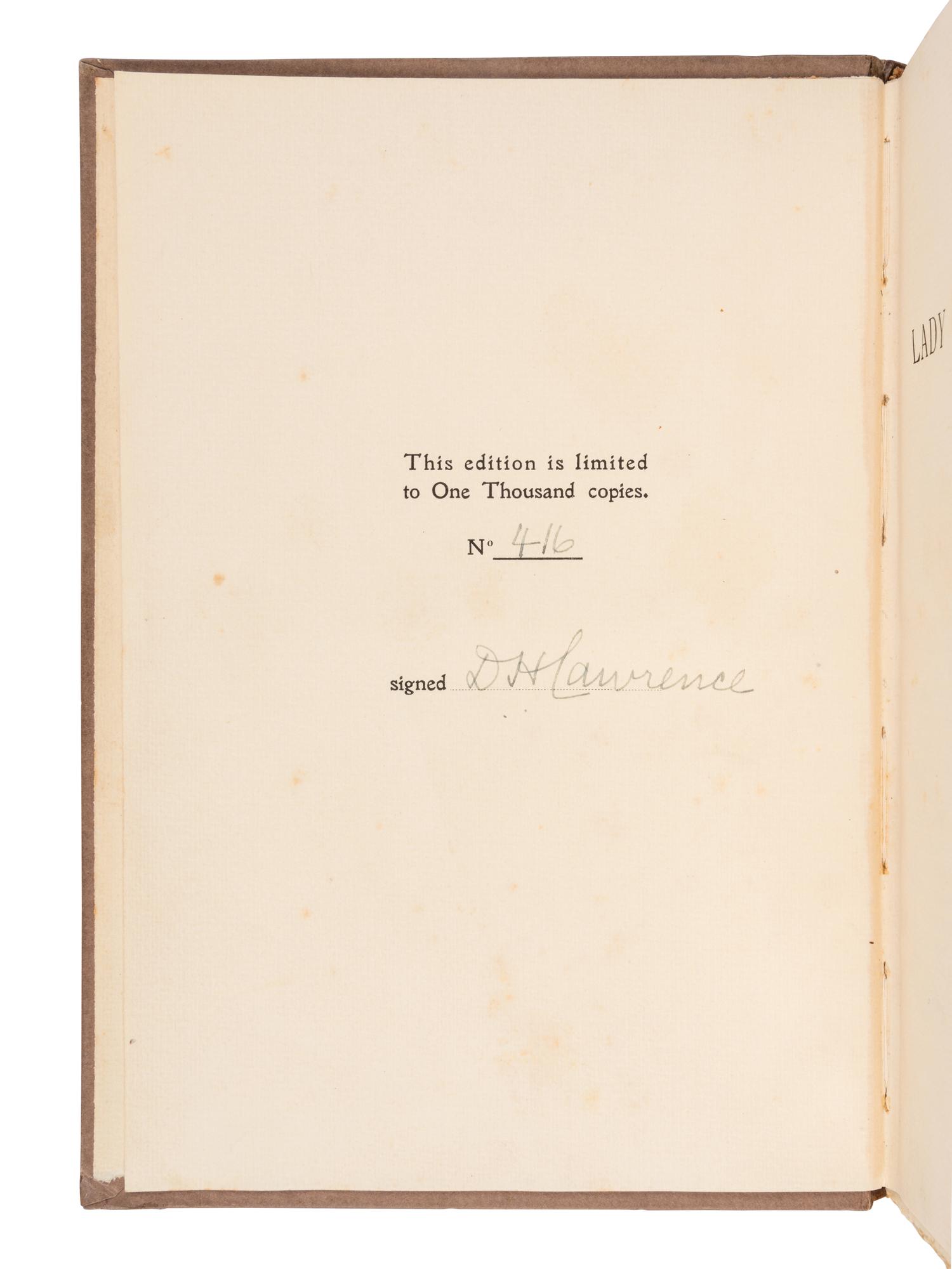 LAWRENCE, D.H (1885-1930). Lady Chatterley's Lover . Florence: Privately Printed, 1928.