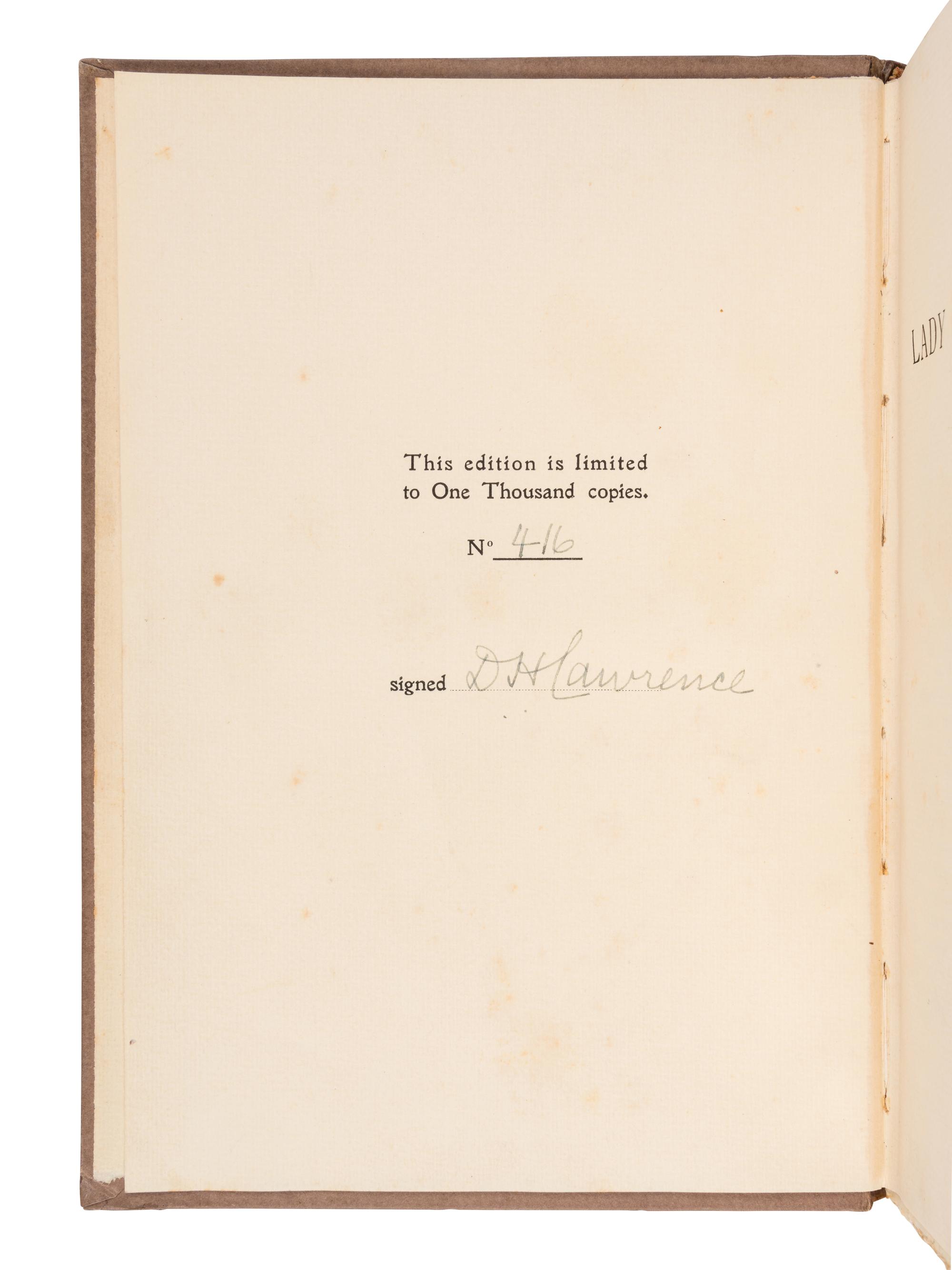 LAWRENCE, D.H (1885-1930). Lady Chatterley's Lover . Florence: Privately Printed, 1928.