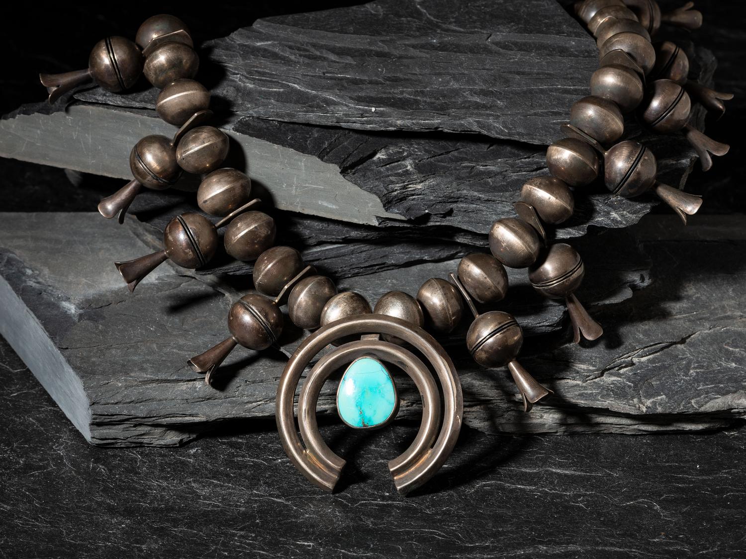 Navajo Silver and Turquoise Statement Squash Blossom Necklace
