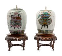 A Near Pair of Chinese Polychrome Enameled Porcelain Jars