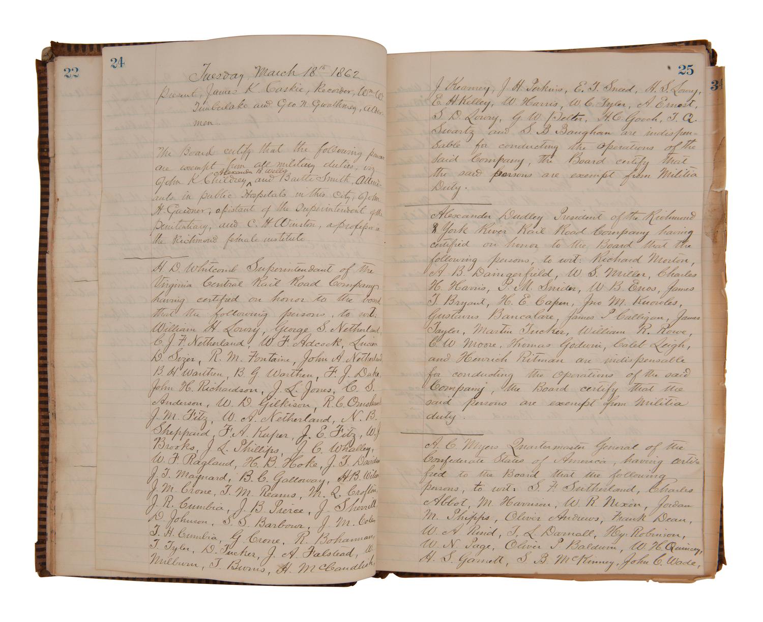 [CIVIL WAR - CONFEDERATE]. Ledger book containing records of military service exemptions and enlistments, Richmond, Virginia, 13-25 March 1862.