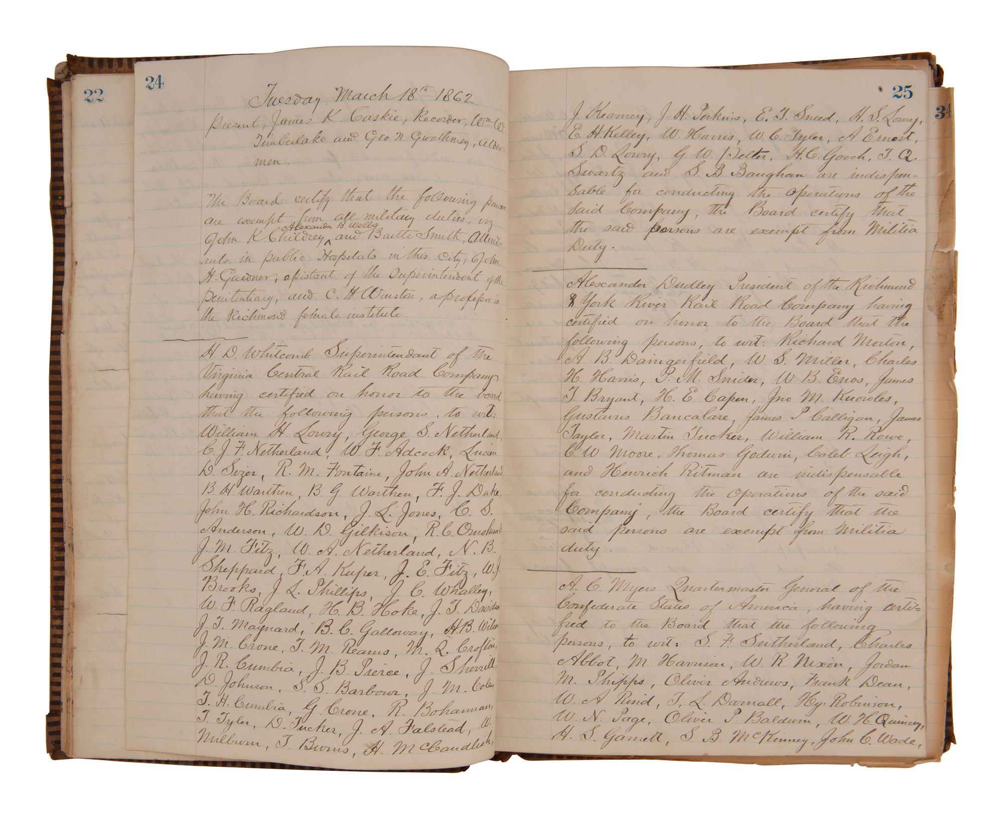 [CIVIL WAR - CONFEDERATE]. Ledger book containing records of military service exemptions and enlistments, Richmond, Virginia, 13-25 March 1862.