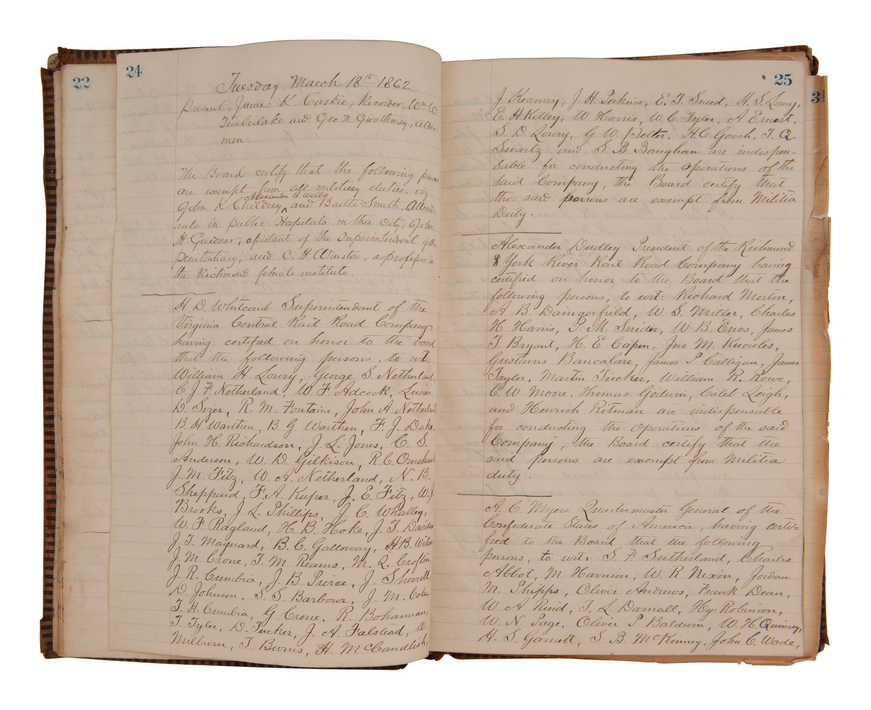 [CIVIL WAR - CONFEDERATE]. Ledger book containing records of military service exemptions and enlistments, Richmond, Virginia, 13-25 March 1862.
