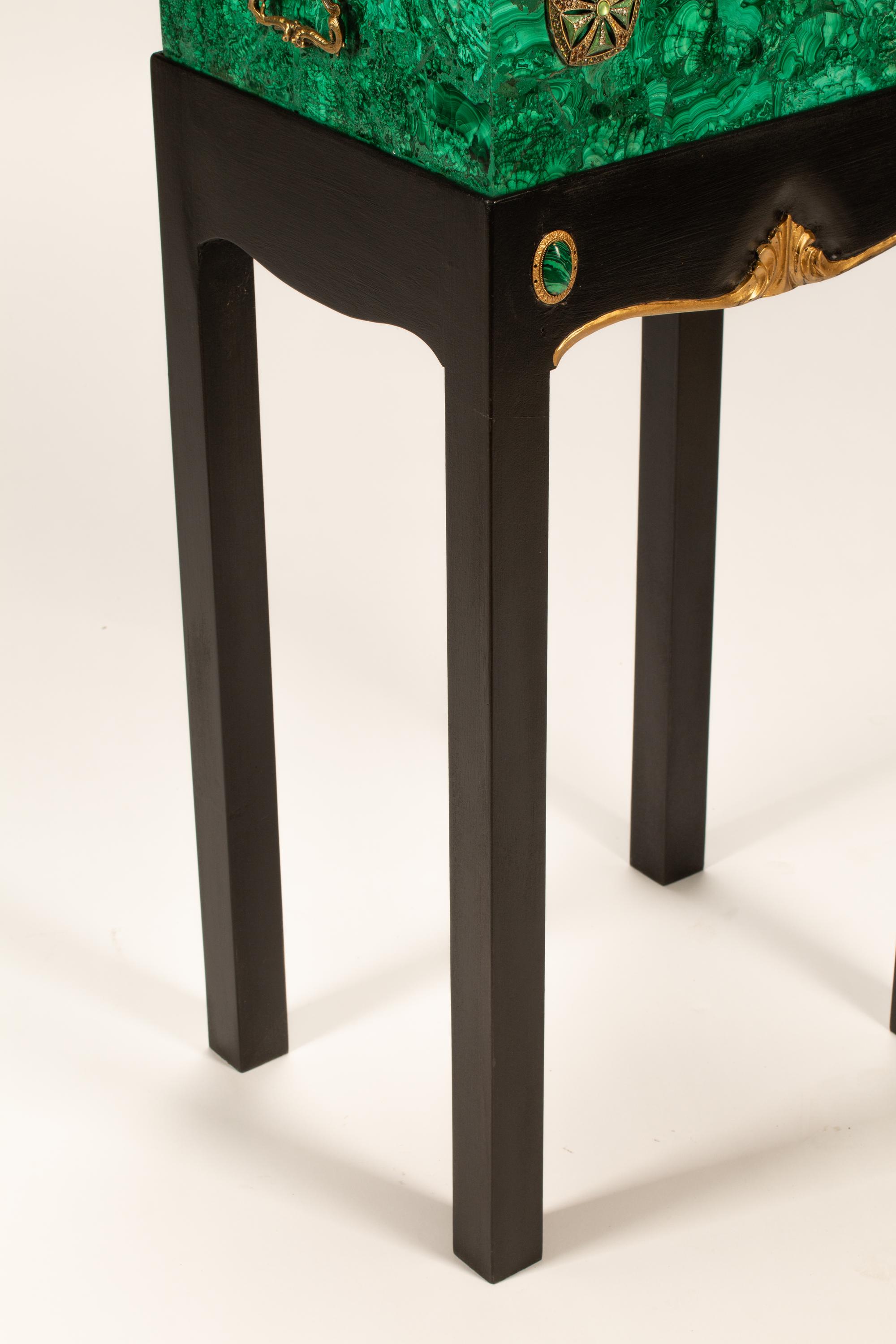 A Continental Jeweled Malachite Table Casket on Stand