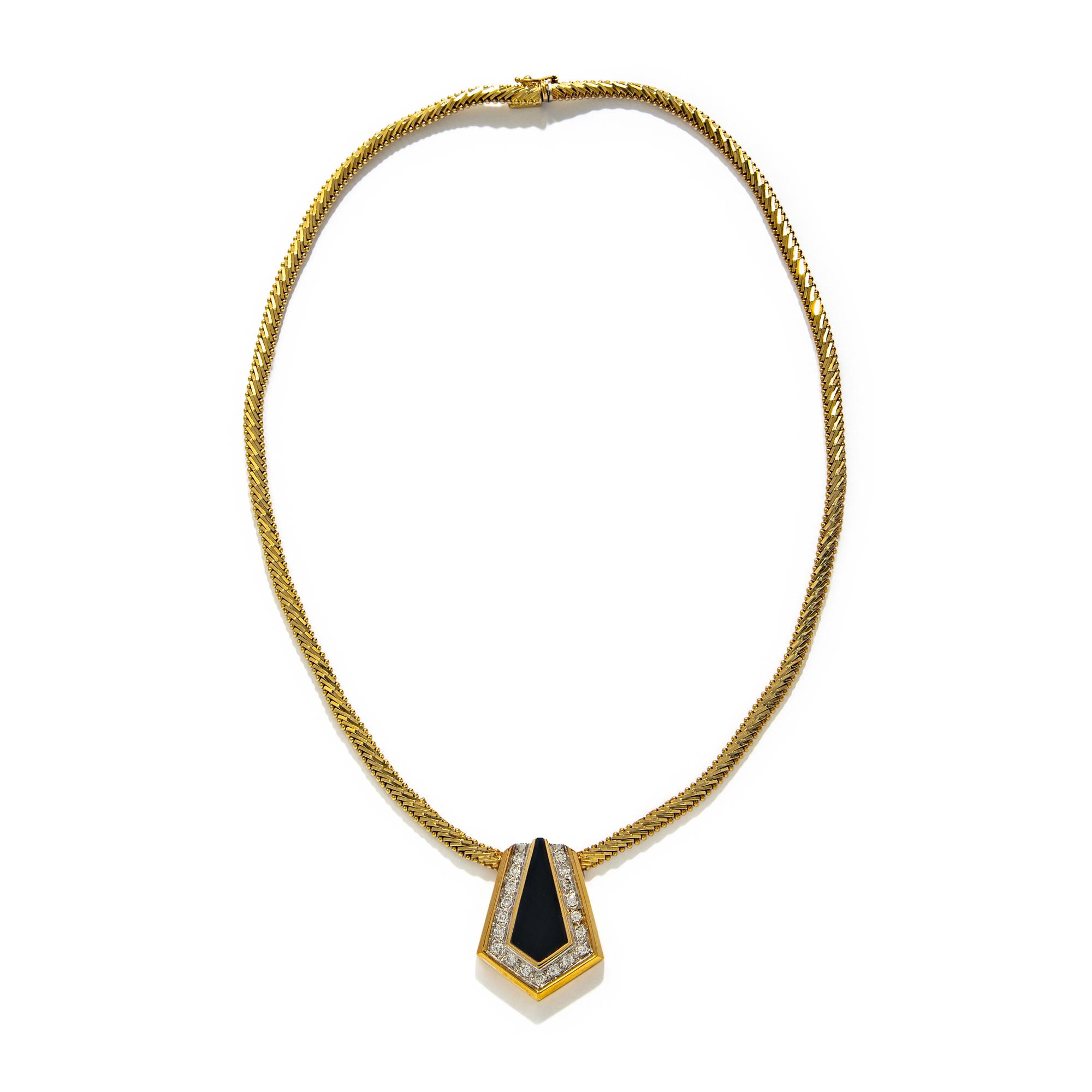 YELLOW GOLD, ONYX, AND DIAMOND NECKLACE