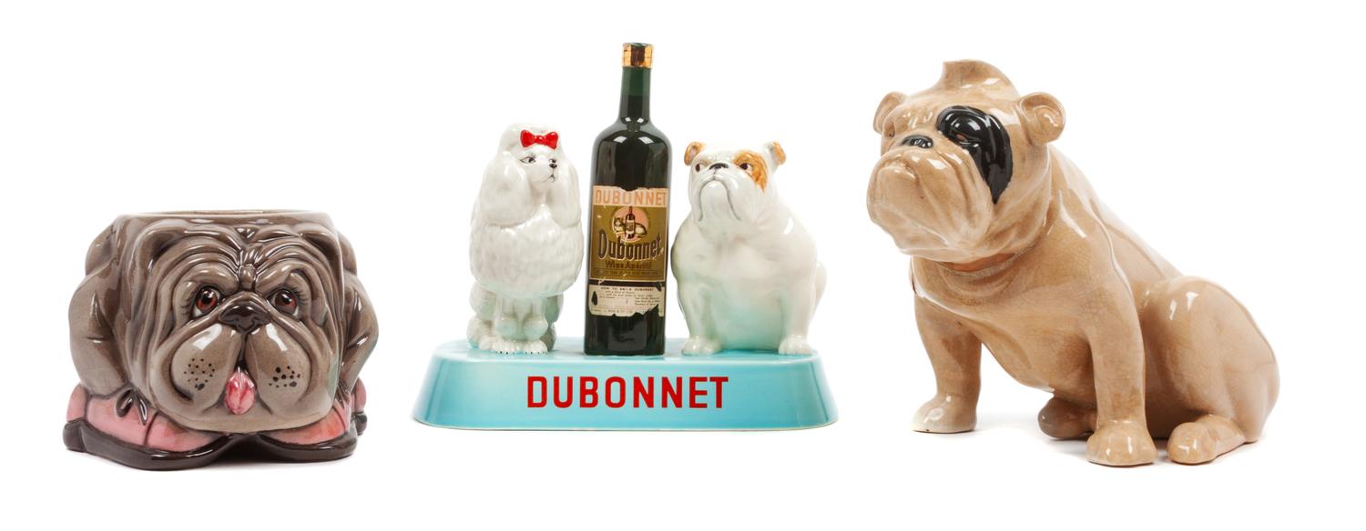 A Group of Three Porcelain Bulldog Articles Height of tallest 7 inches.