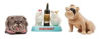A Group of Three Porcelain Bulldog Articles Height of tallest 7 inches.