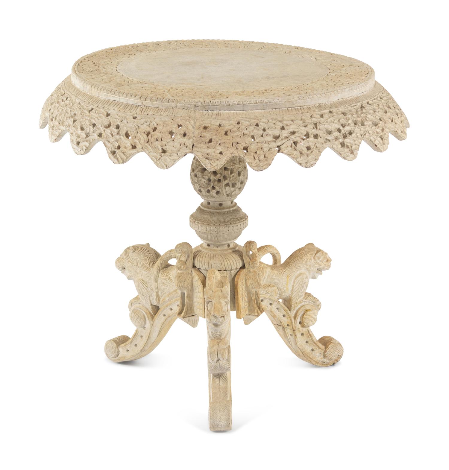 A Pair of Indian Painted Teakwood Armchairs and a Similar Table