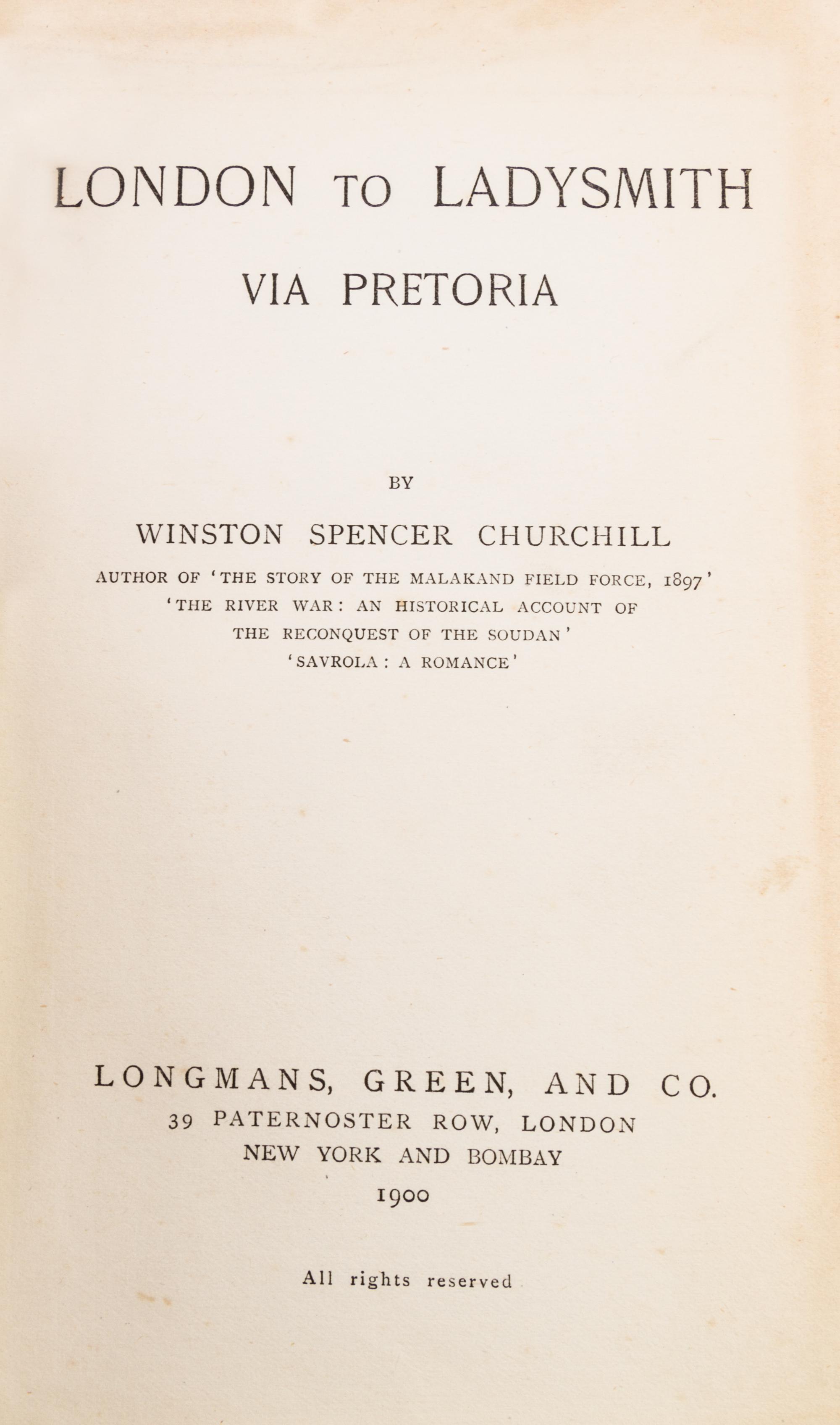 CHURCHILL, WINSTON. 3 books: My African Journey. Lond, 1908. 1st ed. London to Ladysmith... Lond, 1900. The Crisis. NY, 1901. 1st ed