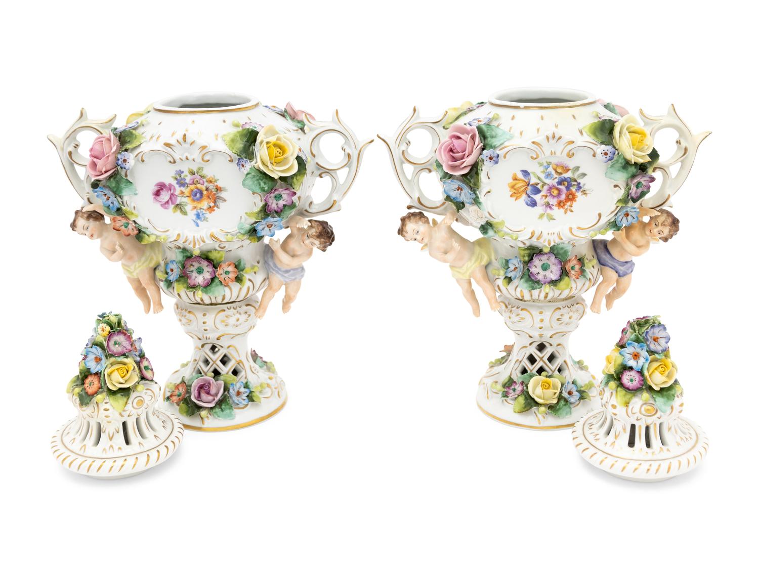 A Pair of Sitzendorf Porcelain Urns