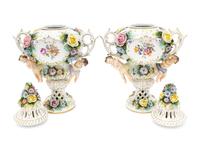 A Pair of Sitzendorf Porcelain Urns