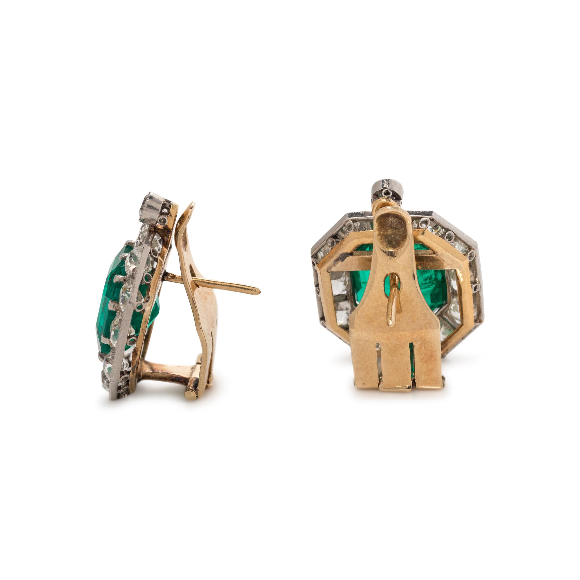 ANTIQUE, EMERALD AND DIAMOND EARCLIPS