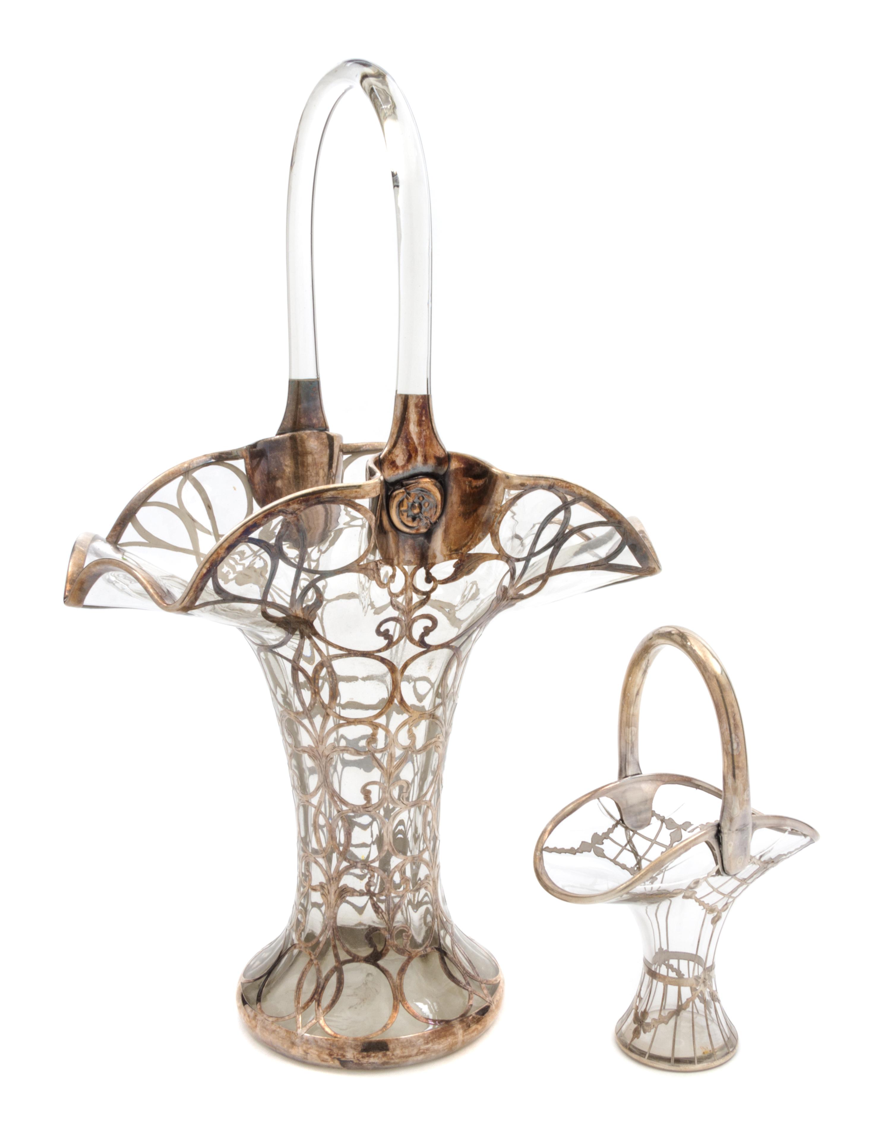 Two Silver Overlay Glass Baskets Height of tallest 18 inches.