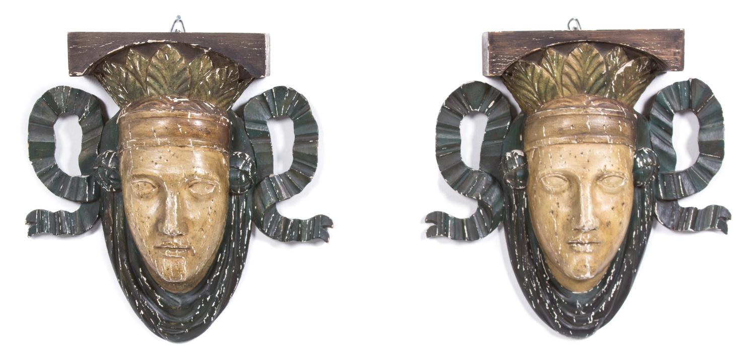 A Pair of Italian Painted and Carved Mask Wall Brackets Height 13 inches. — 20TH CENTURY